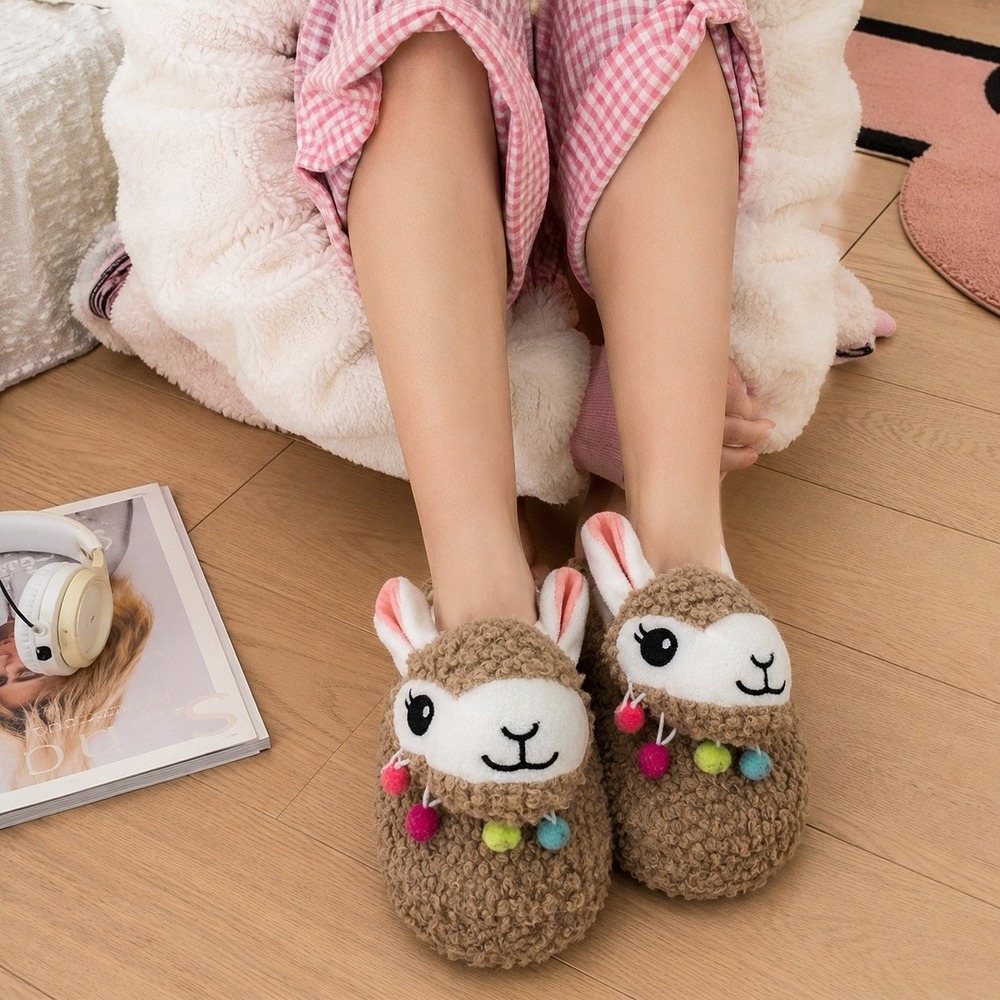 Llama Plush Slippers Brown Sherpa Faux Fur Pom Pom House Shoes Women Size S 5-6